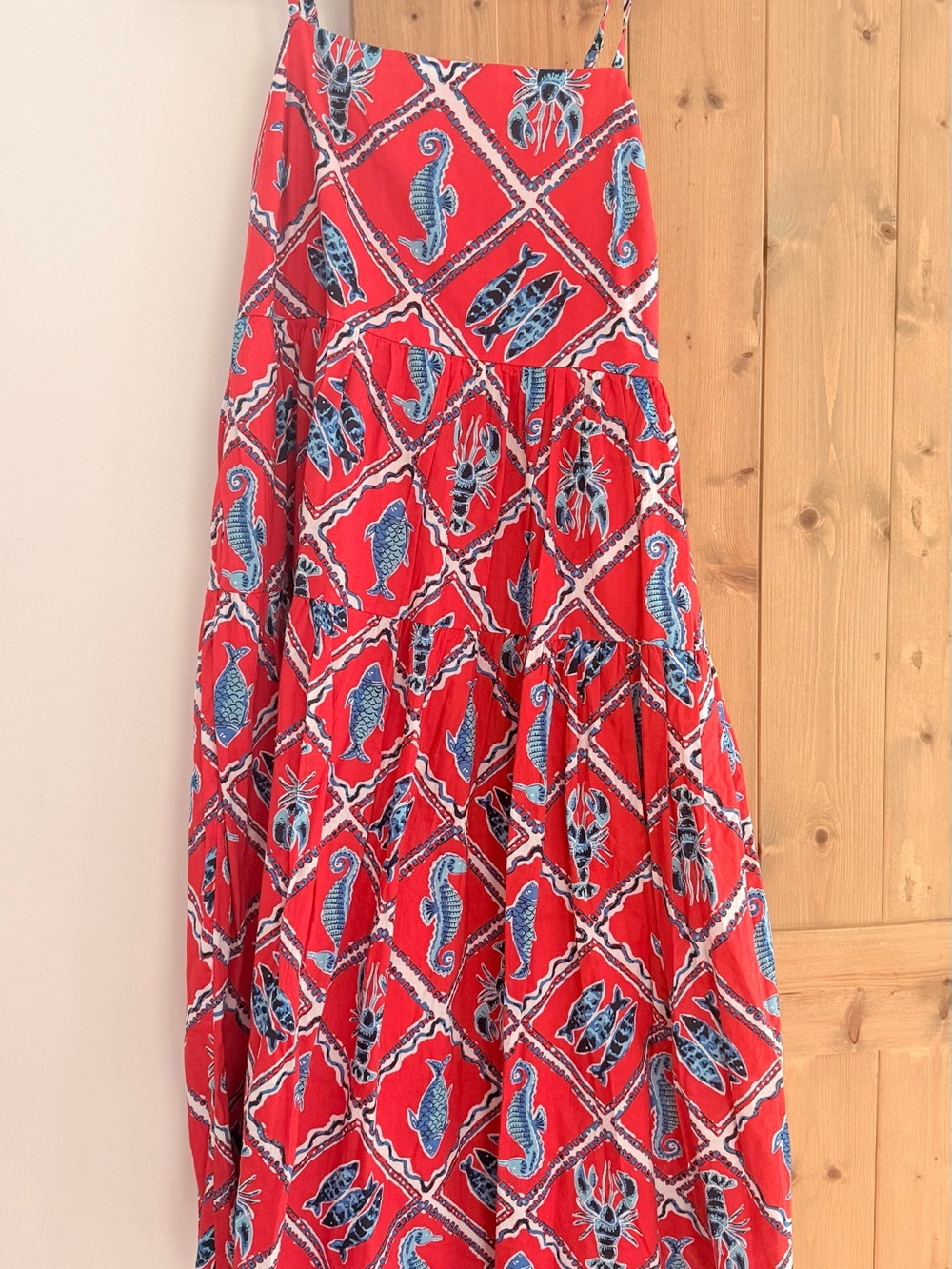 J. Crew Red Tiered Maxi Skirt with Blue Sea Life Print